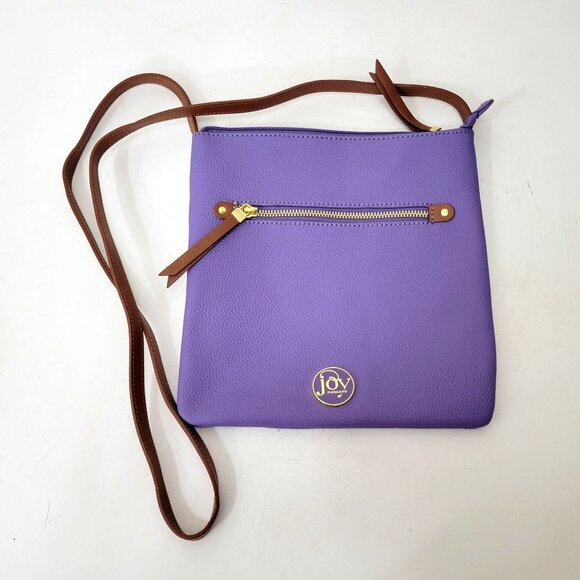Joy Mangano Handbags - Joy Mangano Crossbody Bag Purple Faux Leather With Brown Strap Gold Zipper & Fro